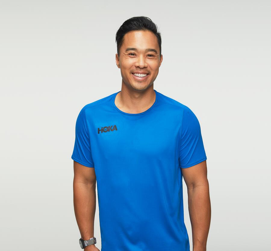 Hoka Australia One One Performance Short Sleeve - Mens Tops Blue - BAYQN-5306